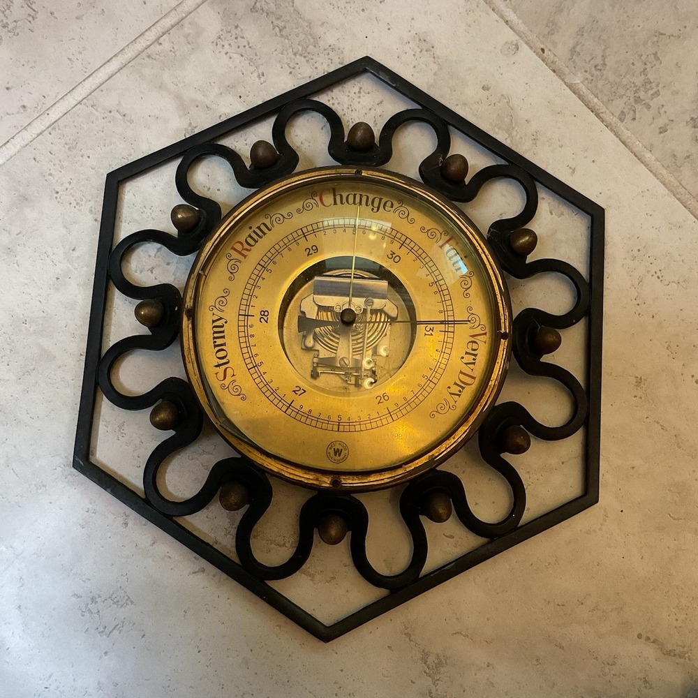 Vintage Wall Aneroid barometer, Brass Dial, Ornate Black Iron Geometric Frame